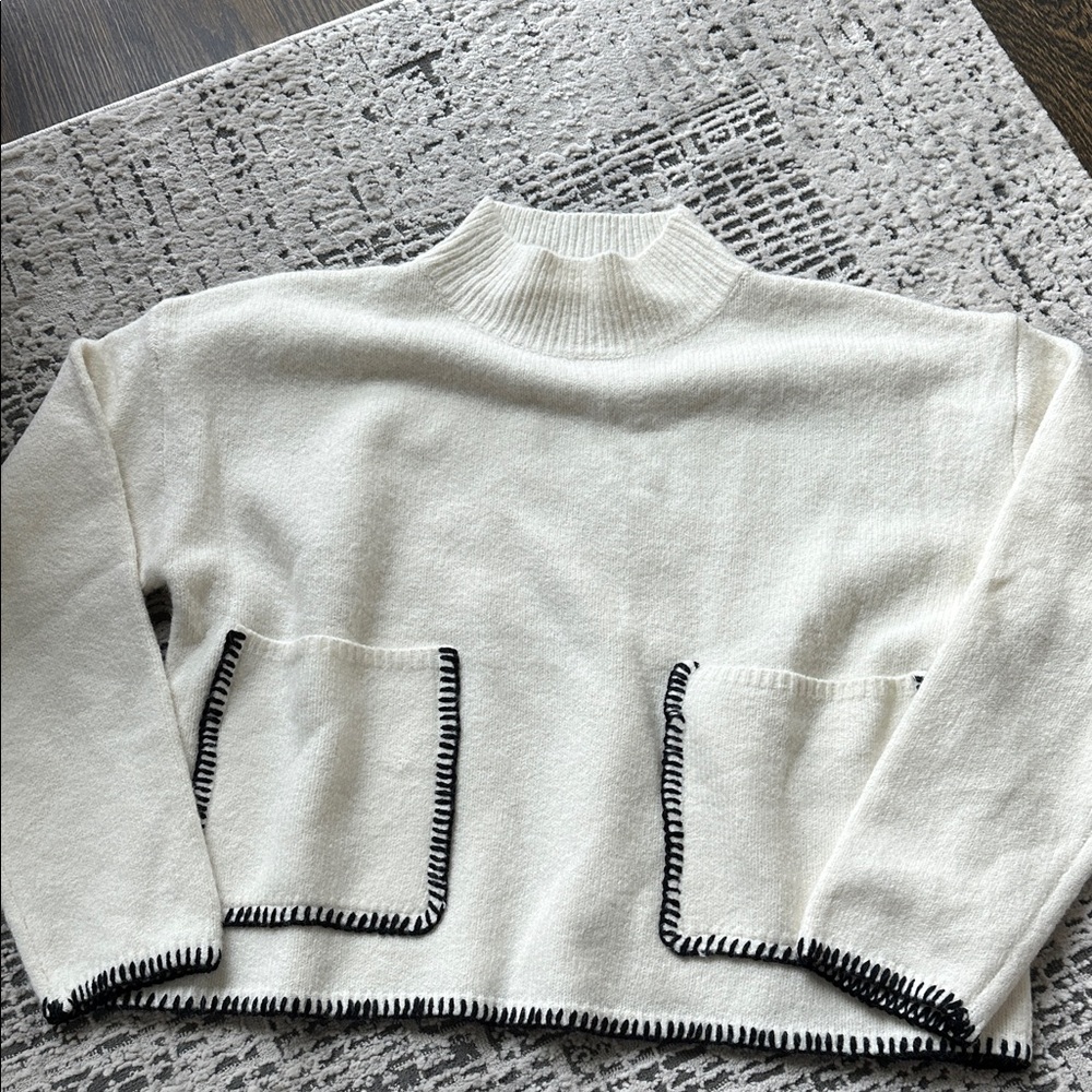 Cozy Cream Sweater with Black Trim New!